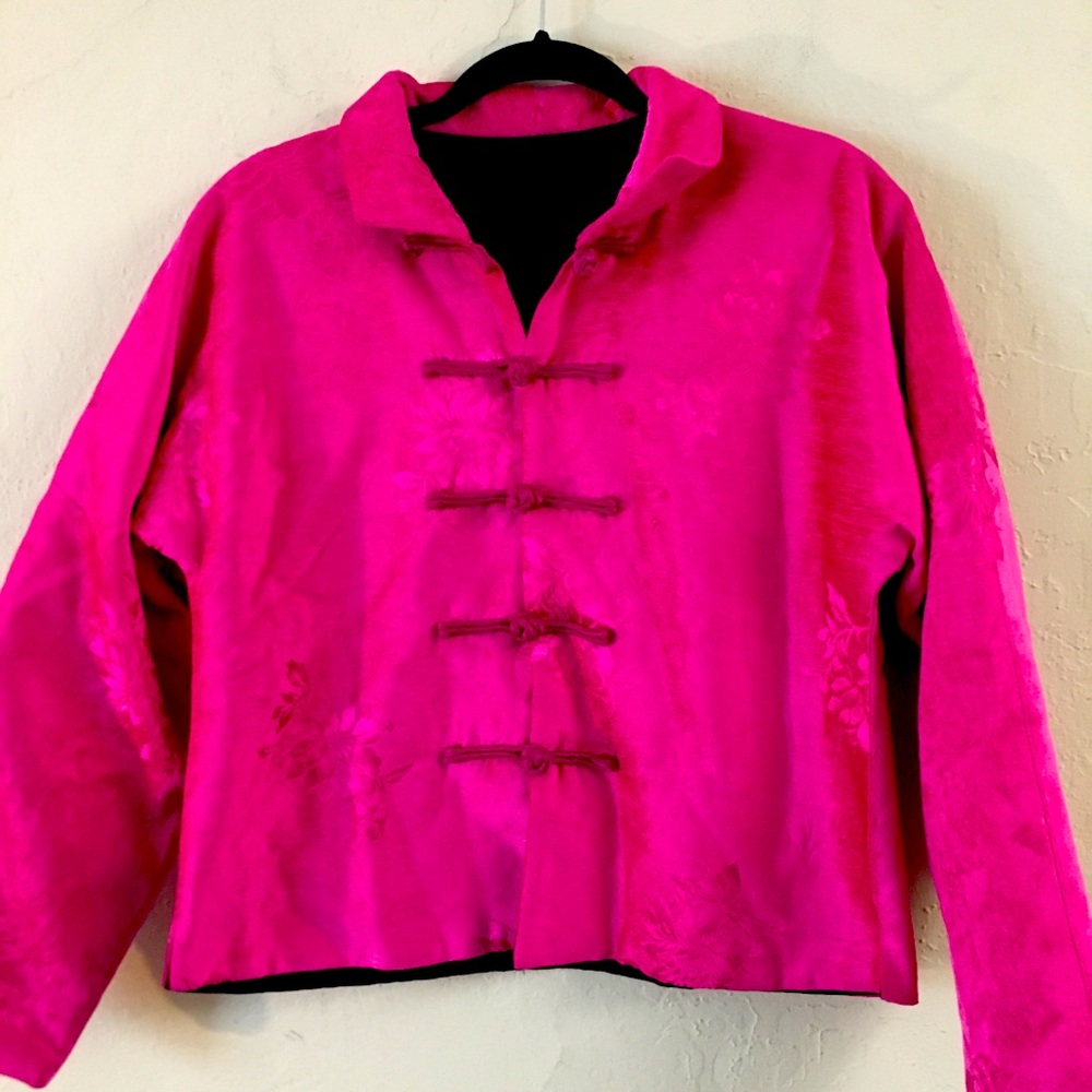 Vintage Asian Quilted Short Jacket Medium Pink Black Floral Artsy Colorful Boho
